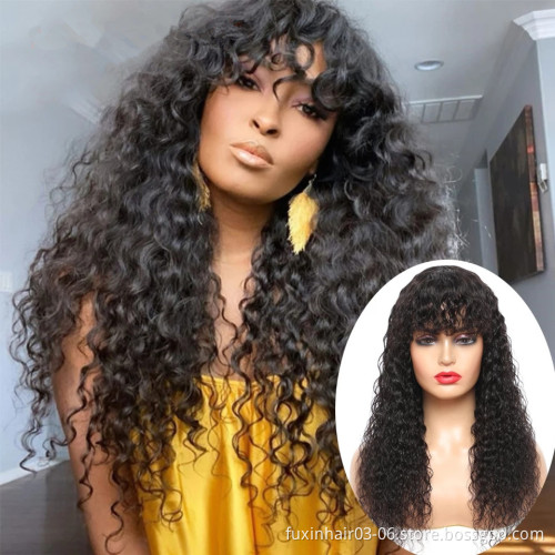 Queen Weave Beauty Supply Best Quality Virgin Raw Burmese Ladies Hair Full Lace Wigs With Bangs Thin Lace Curly Wig With Fringe